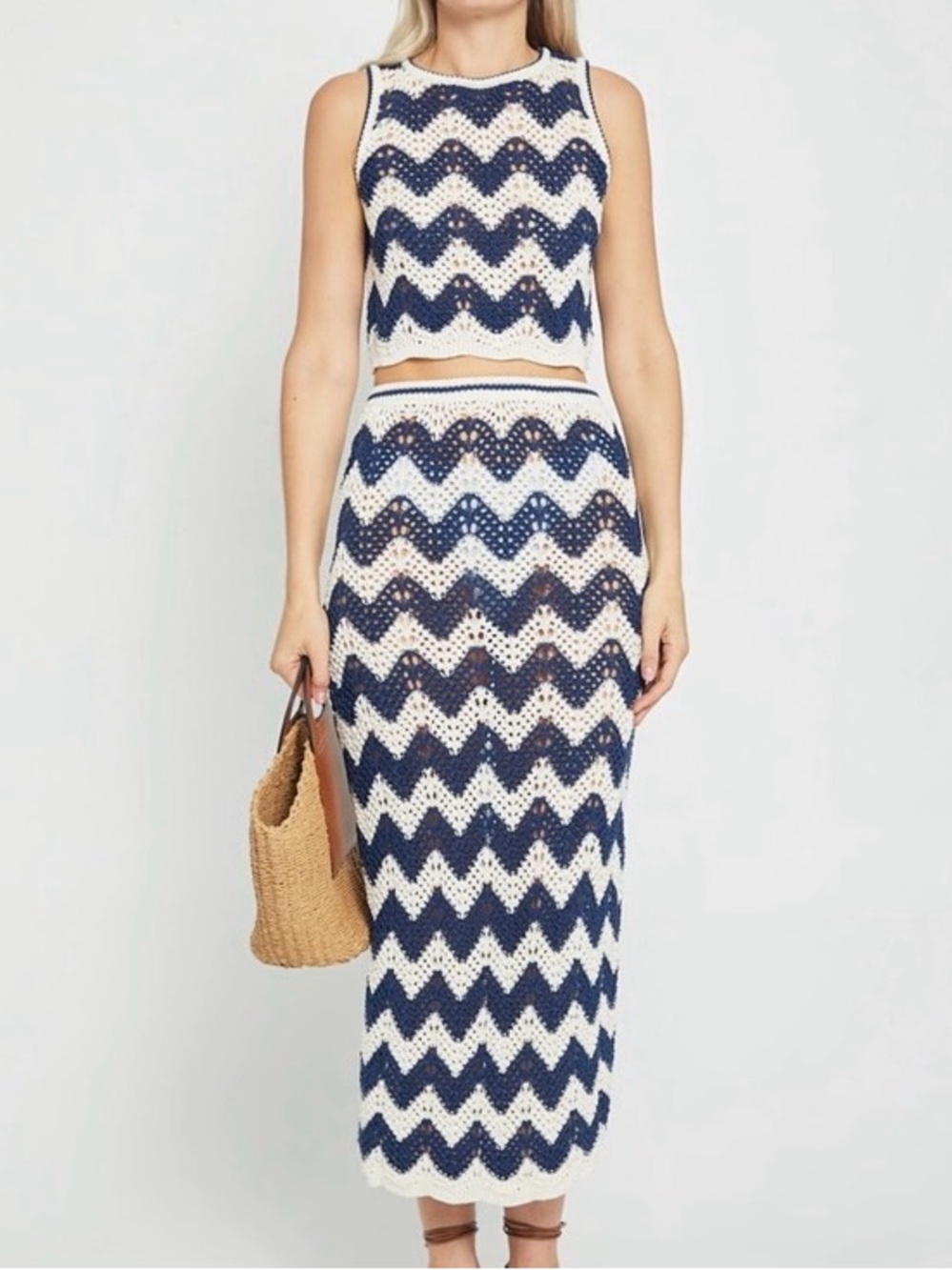 Kourt Few Moda Ellie Blue Crochet Top & Skirt SET - Size L - NWT!  May run small